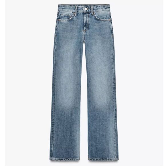 ZARA Mid Rise Wide Leg Full Length Loose Fit Medium Blue No Stretch Denim Jeans - Picture 4 of 12